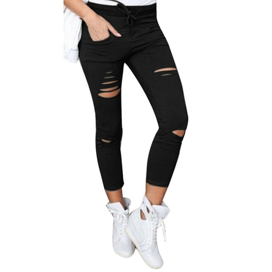 2017 A# hot  6 color hole  jeans Women XXXL Cotton Blend Elastic High Waist Trousers LadiesVintage Pencil Slim Skinny jeans