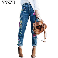 YNZZU Plus size flower embroidery jeans female high waist jeans pants 2017 spring summer women bottom jeans femme YB051