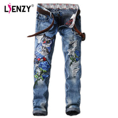 2018 Fashion Owl Flower Embroidery Jeans Women Washed Ripped Jeans Plus Size Jeans Pant