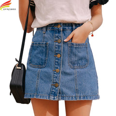 Denim Skirt High Waist A-line Mini Skirts Women 2018 Summer New Arrivals Single Button Pockets Blue Jean Skirt Style Saia Jeans