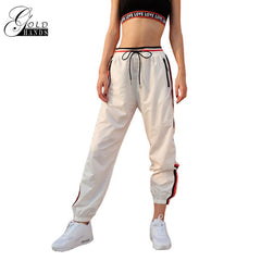 Gold Hands  Female Sweat Track Pants Women Waist tie Stripes Loose Fitness Harem Pants Sweatpants Track Pants Cuff Gogger Pants