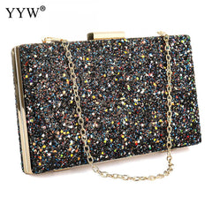 Solid Sequined Women Clutch Bag Evening Party Bag Female Handbag Gold Women's Shoulder Bag with Two Chain Straps bolsa feminina