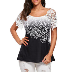 Summer Womens Tops and Blouses Vintage Floral Print Lace Patchwork O Neck Shirts Tunic Backless Hollow Out Women Clothes