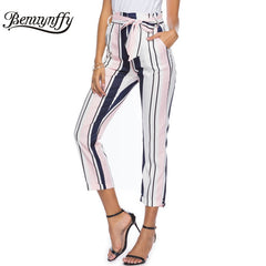 Benuynffy Summer Color Block Striped Pants Women Trousers Elegant Casual Office Work wear High Waist Bow Belted Pants