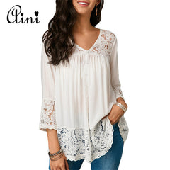 Plus Size 5XL Women Tops and Blouse 2018 Autumn Three Quarter Sleeve Lace Patchwork Solid Blouses Female Casual Loose Shirt Top