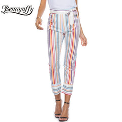 Benuynffy Ladies Elegant Belted Striped Pants Women Summer Casual Office Work wear Pants Female High Waist Slim Trousers
