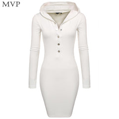 Bodycon Women Sexy Lady Hooded Long Sleeve Finejo Slim Fit Solid Casual Party Pencil Dress