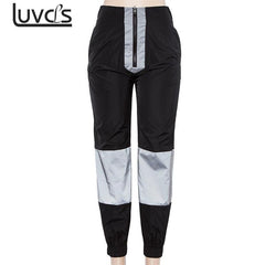 LUVCLS Women Shiny Light Reflective Loose Jogger Pants Track Pants Female Zip Up Trackpants Sweatpants Clubwear Pantalones Mujer