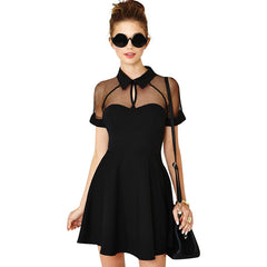 Anself Women 4XL 5XL Plus Size Skater Dress Sheer Mesh Insert Turn-down Collar Black Dress High Waist Casual Sexy Summer Dress