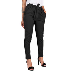 Women Office Pencil Pant High Waist Bow Tie Trousers Female Bandage High Waist Elastic Stripe Casual Slim Pant Female Trouser#23