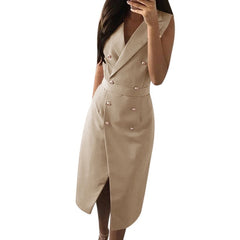 Laamei 2018 Autumn Women V-Neck Dresses Vestidos Sleeveless OL Work Wear Slim Sundress Double Button Sexy Workwear Dress