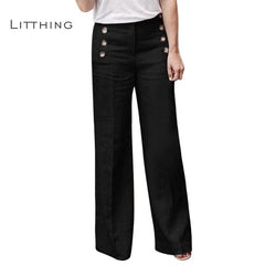 LITTHING Fashion Solid Bottons Loose Wide Leg Pants Trousers Women Femme Stretchy High Waist Casual Cotton Linen Pants Plus Size