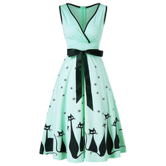 Kenancy Cat Print Vintage Dress Women Flare Dress Halloween Ladies Deep V-Neck Dress