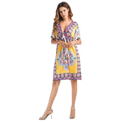 Sari India Indian Sari Dresses 2018, Europe And The Selling New Fashion V Collar Ribbon, Short Sleeved Large Sexy Print Dress