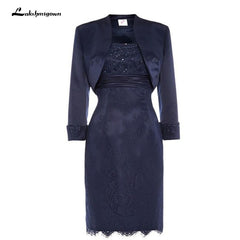 Custom Colors Mother of the Bride Dresses with Jacket Lace Knee Length Short Wedding Guest Dresses Navy Blue Silver Sheath Kurti
