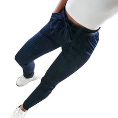Laamei Women Striped  High Waist Pencil Pants Elastic Bowtie Belt Pants Slim Bowknot Women's Capris Casual Sweatpants