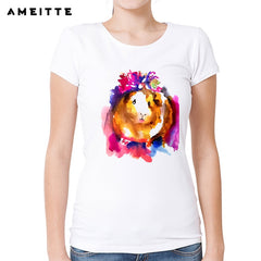 Fashion Cute Animal T-shirt Women's Custom Guinea Pig Printed T Shirt Summer Hipster Female Short Sleeve Tee Tops