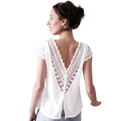 Lace Womens Tops and Blouses V-neck Hollow Out Short Sleeve patchwork Blouse Summer Sexy Backless blusas mujer de moda 2018 New