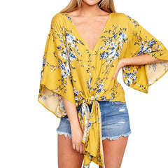 Womens Tops and Blouses V-neck Print Floral Bandage Half Sleeve Blouse Women Casual Sexy blusas mujer de moda 2018 New Feminina