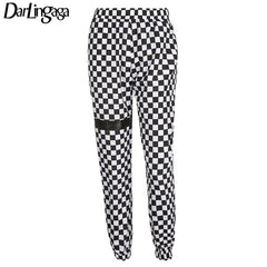 Darlingaga Fashion Checkerboard Women Track Pants 2018 Casual Trousers PU Patchwork Elastic High Waist Plaid Pencil Sweatpants
